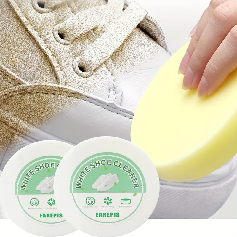 White shoe cleaner paste with plastic brush for all types of shoes. Instantly removes stains and dirt without water.