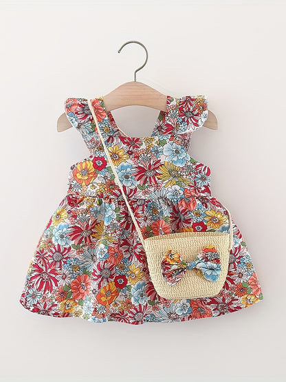 Set of 2 vintage baby girl dresses in cotton for toddlers aged 0-3 years, sleeveless with a matching bag included.