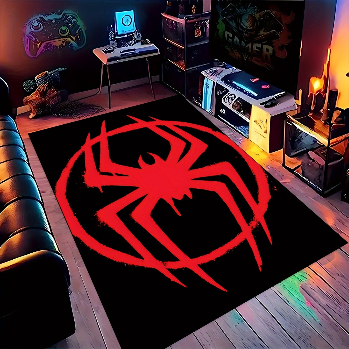 1 piece of a 3D visual spider web pattern area rug that is anti-slip, non-shedding, and stain-resistant, perfect for the living room, bedroom, laundry room, or gaming room. This rug is machine washable and makes a great addition to your home decor or