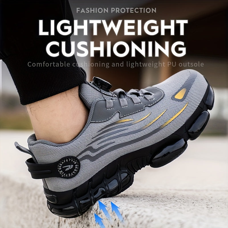 Safety shoes with anti-crush, anti-puncture, breathable, and protective features.