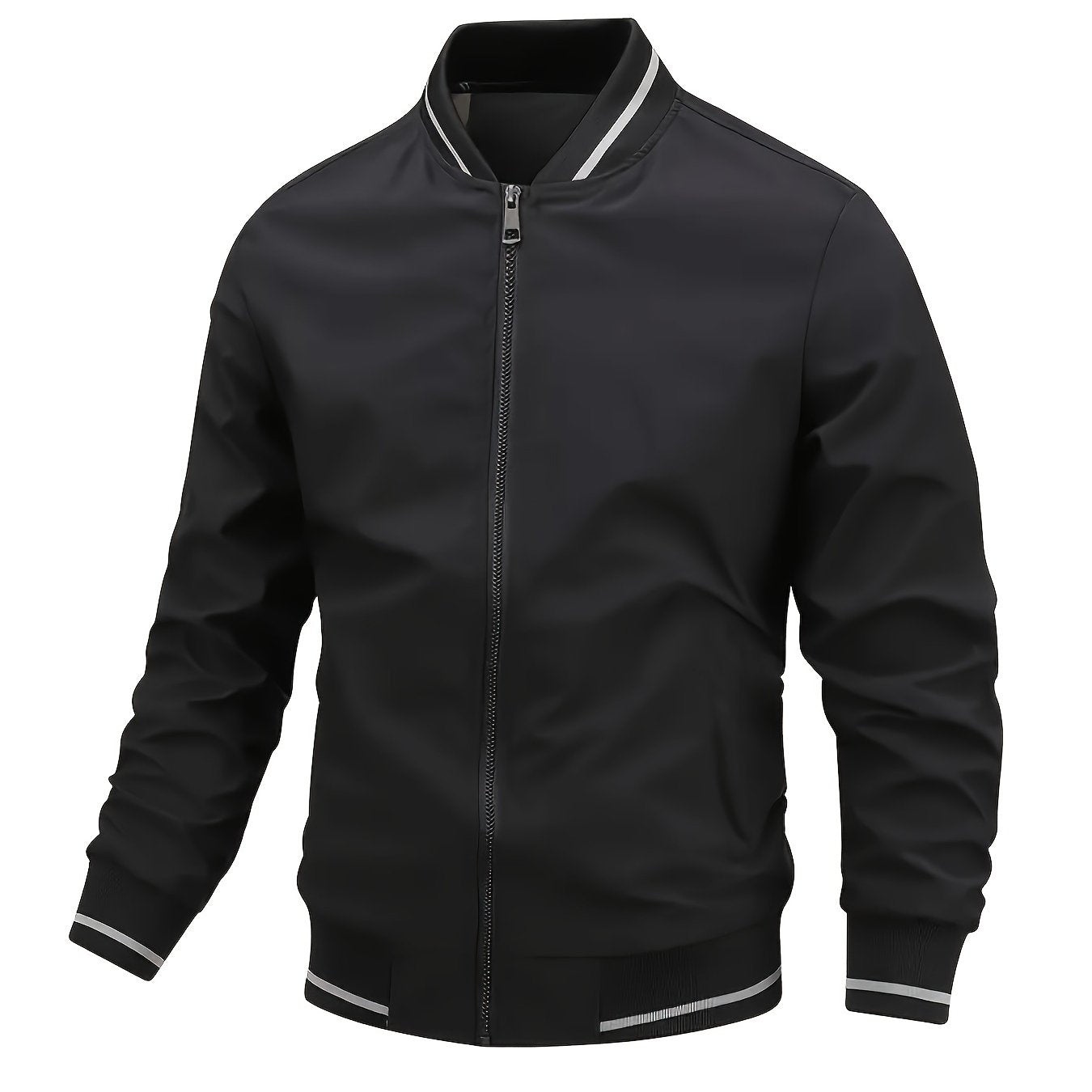 Men's lightweight windbreaker jacket made of 100% polyester with long sleeves, regular fit, and baseball collar. Suitable for spring and fall seasons. Made of woven fabric with a weight of