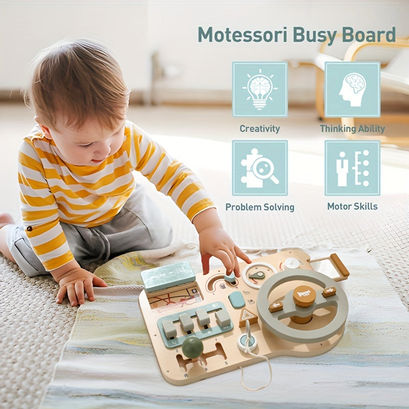 Wooden Steering Wheel Busy Board Toy featuring Vehicle Sign Recognition, Problem Solving, and Motor Skills Development for Youngsters. Smooth, Burr-Free Plywood in Light Green/Blue/Yellow.