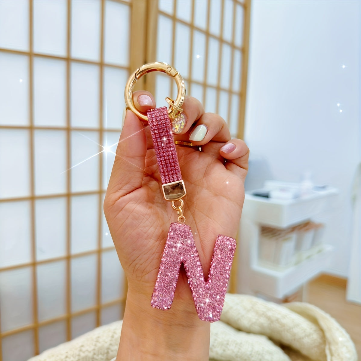 Personalized Initial Keyring - Shiny Key Ring Accessory with Alloy Rhinestone Alphabet Pendant in Pink, 1pc Charm for Women, Ring Buckle Decoration, Great Birthday or Festival Gift - Choose from Letters A-Z