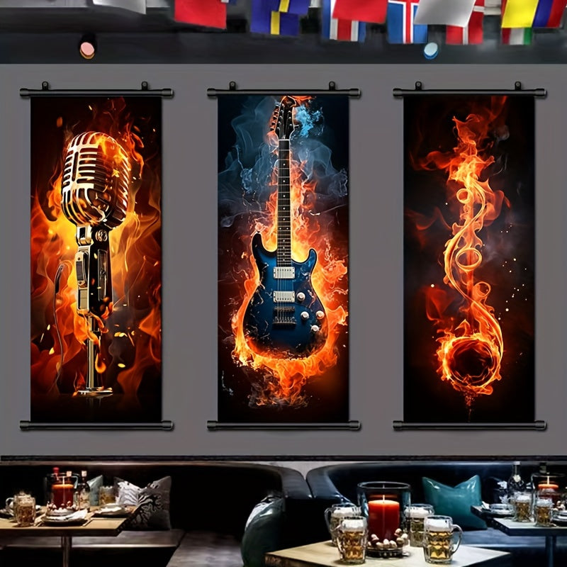 Single piece music-themed hanging scroll featuring a flame guitar, ideal for wall decor in bathrooms, bedrooms, and living rooms. Dimensions: 40.64cm x 99.06cm. Aesthetic addition to any room.