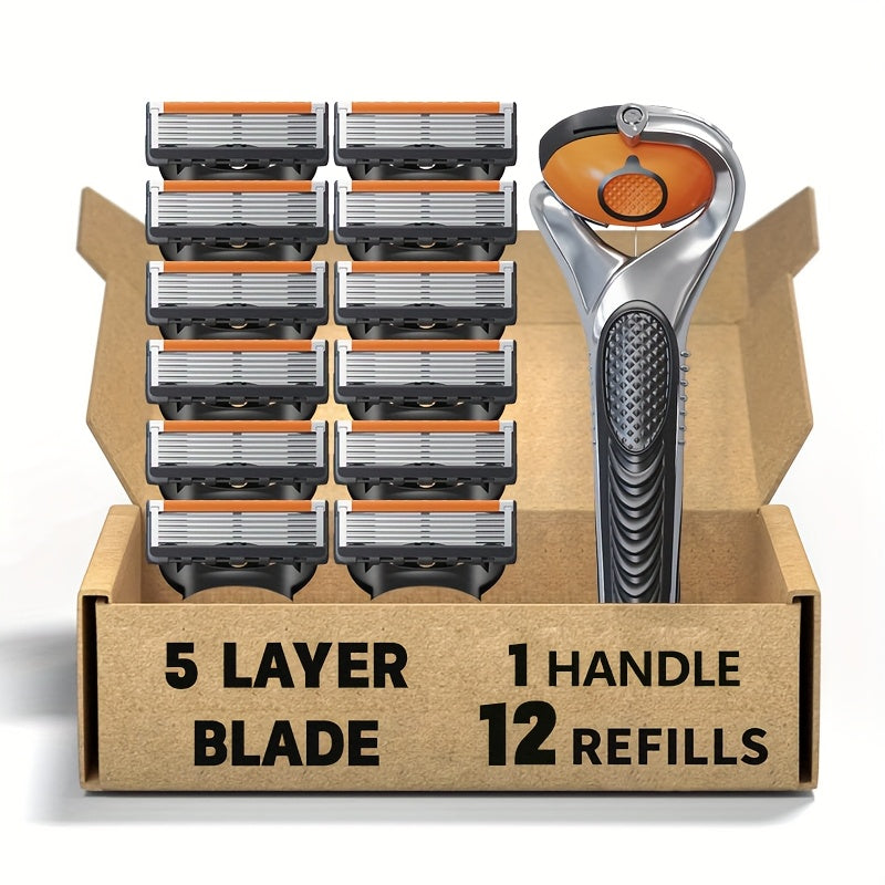 Silvery 5-layer Knife Holder with 12 Heads, Men's Manual Shaver, Classic shaving tool for daily use, washable and reusable blade, suitable for all skin types.