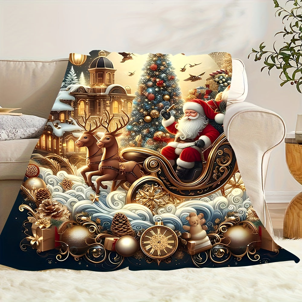 Vintage Style Christmas Santa Sleigh and Tree Flannel Fleece Throw Blanket - Soft, Cozy, Perfect for Sofa, Bed, Office, or Travel - All-Season Multipurpose Gift, Easy to Clean, Durable, Polyester Material, Quilted Design, Lightweight and Warm.