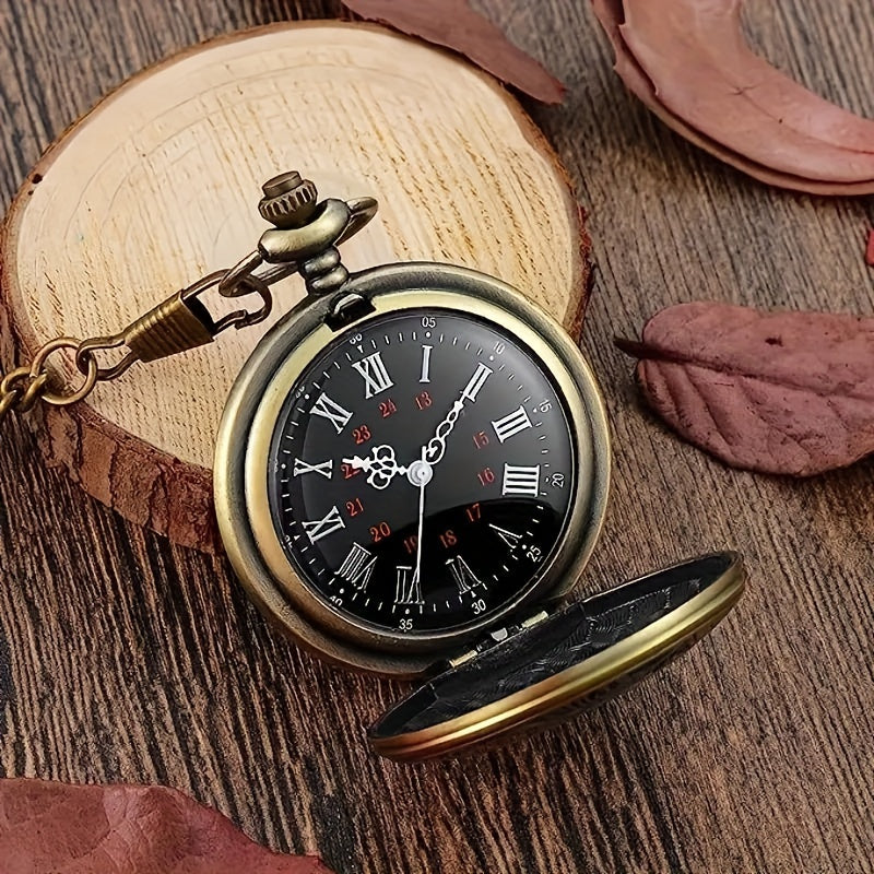 Stylish Vintage Men's Pocket Watch with Black Dial and Golden-Tone Chain - Elegant Roman Numerals, Quartz Movement, Non-Waterproof, Alloy Case - Perfect Gift for Couples on Birthdays or Holidays