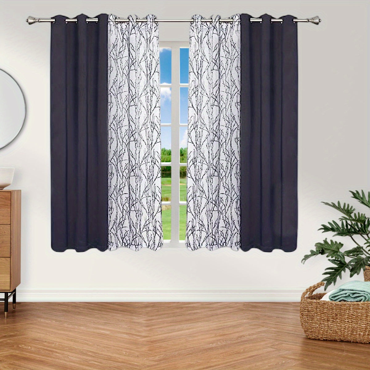 Pair of Curtains for Bedroom or Living Room - Includes 1 Sheer Branch Print Curtain and 1 Blackout Curtain, Grommet Style, 54x84 Inch Each, Dark Gray, Set of 2 Panels