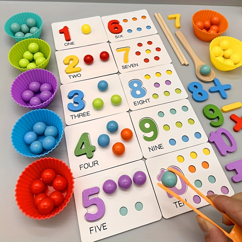 Wooden Number Counting Game for Preschoolers - Educational Math Toy with Beads, Cards, and Tweezers for Cognitive Skills, Age 3+