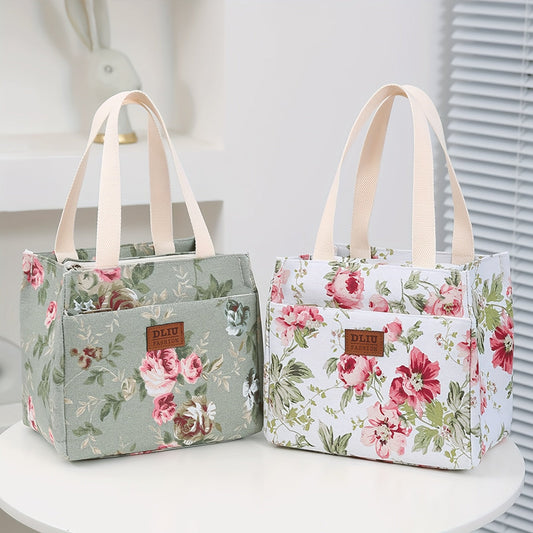 Floral Polyester Lunch Bag - Insulated with Aluminum Foil, Hand Washable Thermal Tote for Picnics, Travel, Work or School - Multifunctional Portable Carrier for Lunch Box - Insulated Lunch Bag