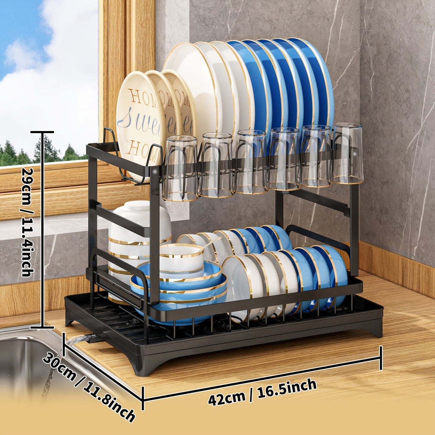 Rustproof Two-Tier Kitchen Rack with Drainboard, Utensil Holder, and Dish Drying Function for Countertop Use