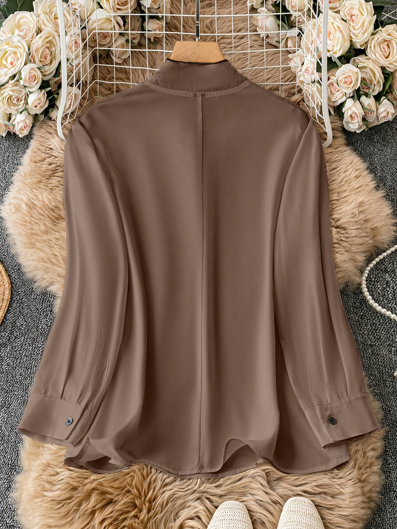 Plus Size Elegant High Neck Blouse with Contrast Binding Detail, 95% Polyester, 5% Spandex, Solid Color, Non-Stretch Woven Fabric, All Season Wear.