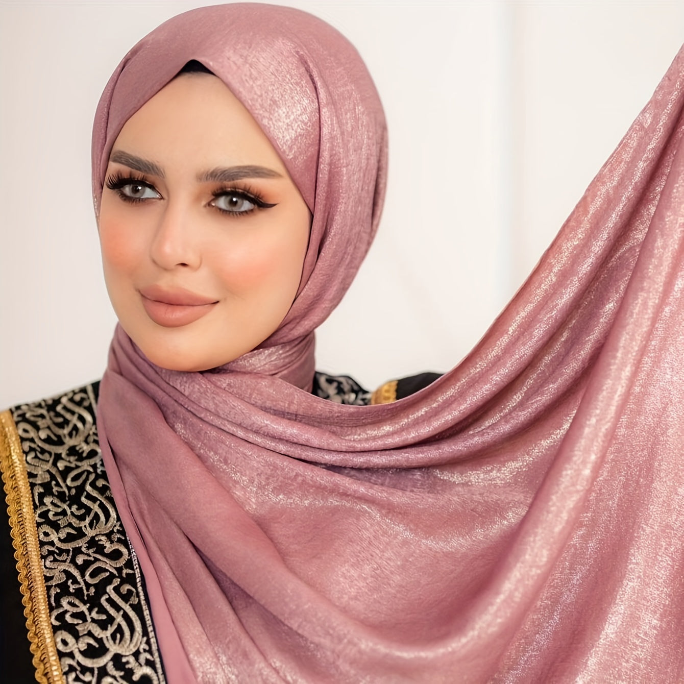 Polyester satin Muslim hijab in solid colors, non-stretch, woven for breathable, fitted style.