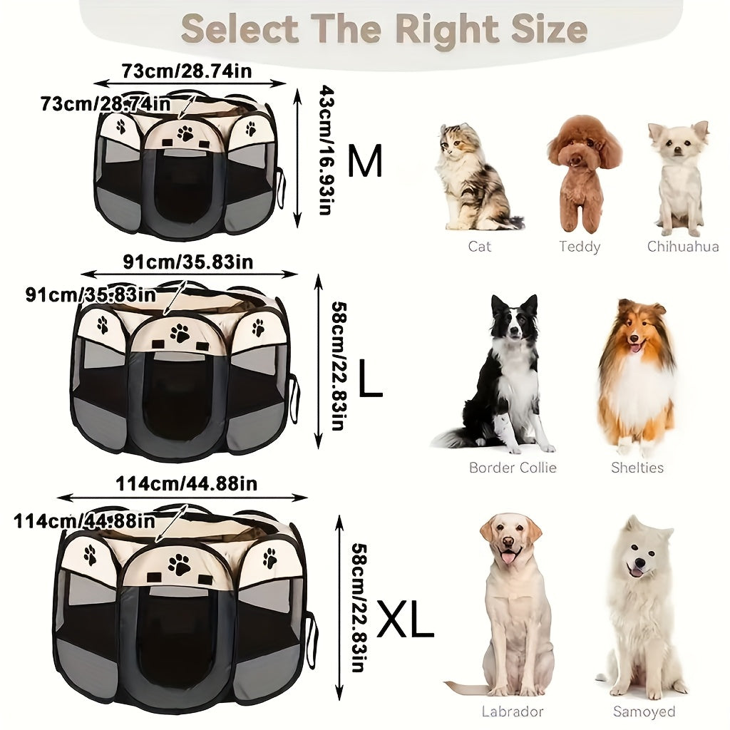 Portable pet playpen for dogs, cats, rabbits, and small animals, folds easily for storage.