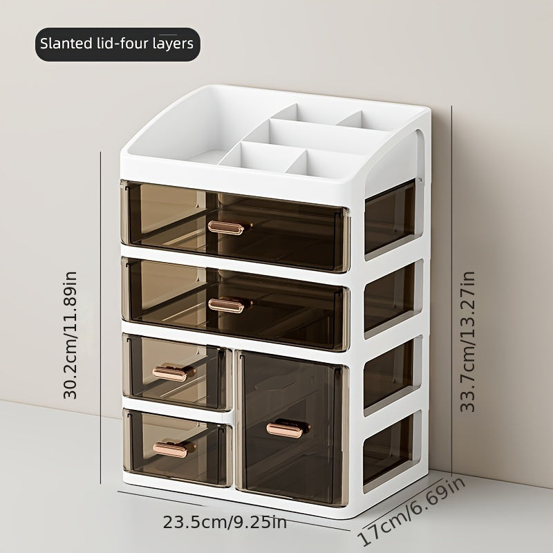 Large capacity plastic cosmetic organizer with drawers for skincare, makeup, and various essentials. Suitable for bathroom, bedroom, or kitchen storage.