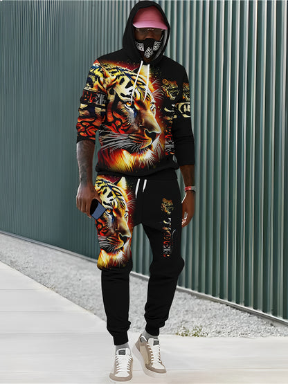 Men's 2-piece casual outfit featuring a long sleeve hoodie and sweatpants in a creative tiger 3D print, perfect for spring and fall.