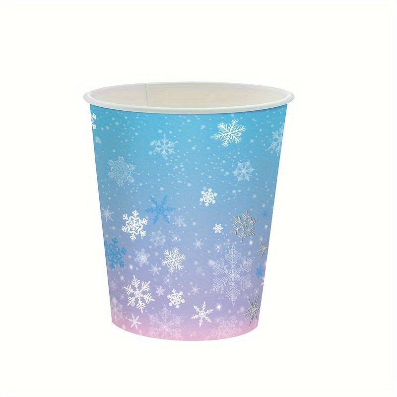 Winter Wonderland Party Supplies Set - Blue & Purple Snowflake Themed Tableware Kit with 68 Pieces, featuring Disposable Paper Plates, Cups, and Napkins for Christmas, New Year's, and Birthday Celebrations. Perfect for Festive Events and Essential for a