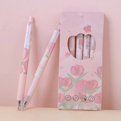 Limited edition set of 6 high-quality rollerball pens in pink Tulip and red Rose design, with water-based ink and fast drying capabilities. Medium point, made of plastic material.