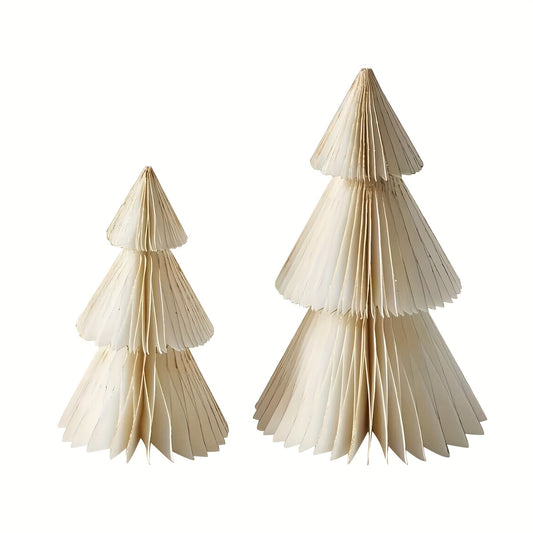 Set of 2 paper Christmas tree decorations, honeycomb trees in vintage style, 15.24 cm and 20.32 cm in neutral white and gold. Perfect for indoor table centerpieces or modern mantel decorations for New Year's party or Christmas.