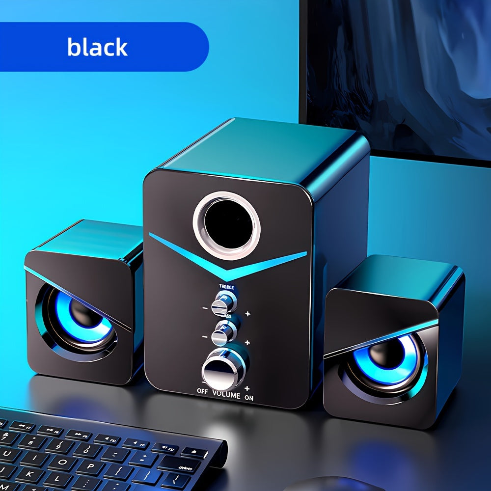 Desktop stereo speaker with LED lighting, compatible with devices with 3.5mm audio output.