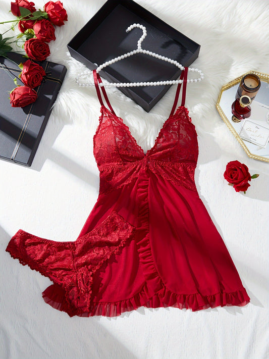 Elegant lace lingerie set with V-neck nightdress and panty, made of polyester knit fabric. Non-padded with no belt, suitable for adults.