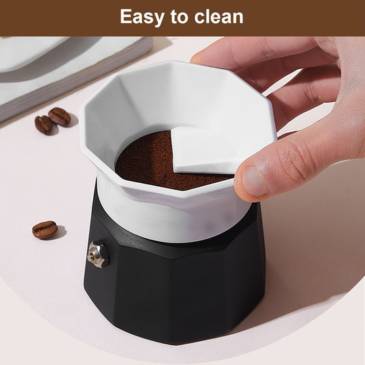 Espresso qahvasi uchun Moka pot dozalash funnel va distribyutor asboblar to'plami - Moka qahva potlarida yerlarni oson tarqatish va tamp qilish uchun aylanuvchi kukun dozalash halqasi mashinalari va qahva darajasini tekislash asbobini o'z ichiga oladi.