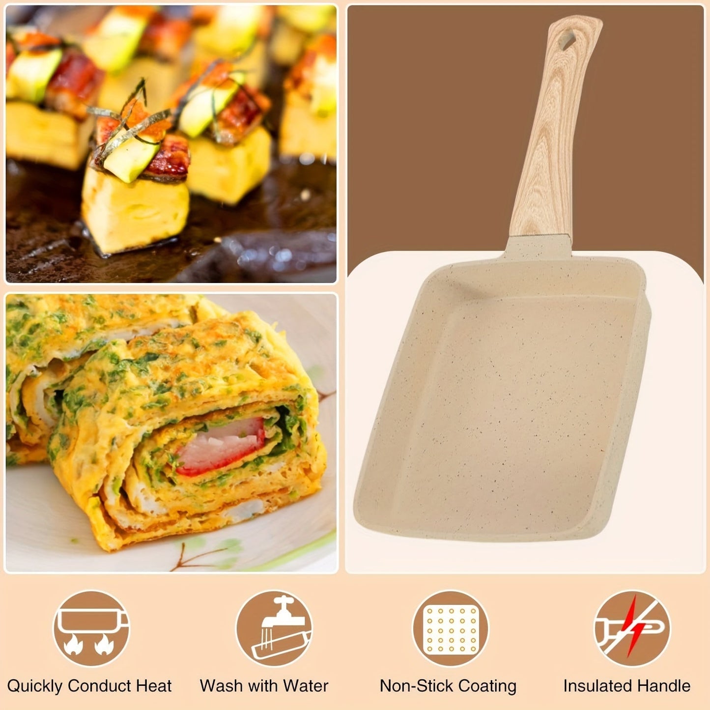 Japanese Tamagoyaki Ceramic Frying Pan - Rectangular Non-Stick Cookware with Insulated Silicone Handle, Includes Silicone Spatula and Oil Brush, Care Instructions: Hand Wash Only.