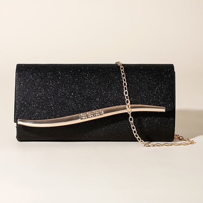 Stylish Black Glitter Evening Clutch with Chain Strap for Formal Events