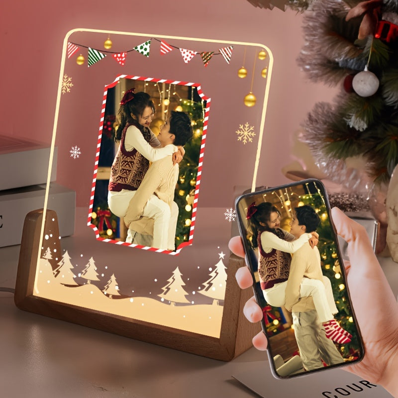 Elegant transparent acrylic photo frame featuring a glowing heart, perfect for Christmas, Valentine's Day, and anniversary gifts. Create your own personalized picture display stand with this DIY frame, ideal for showcasing youngsters' memories and