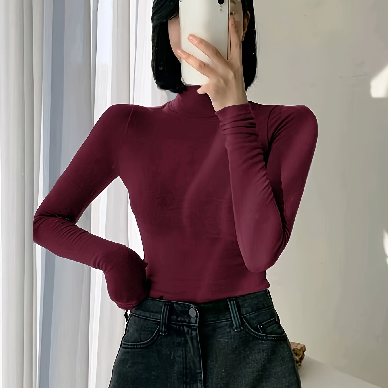 Women's Slim-Fit Turtleneck - Long Sleeve, Solid Color, Stretchy Polyester Blend; Machine Washable, Ideal for Fall, Autumn, Spring.