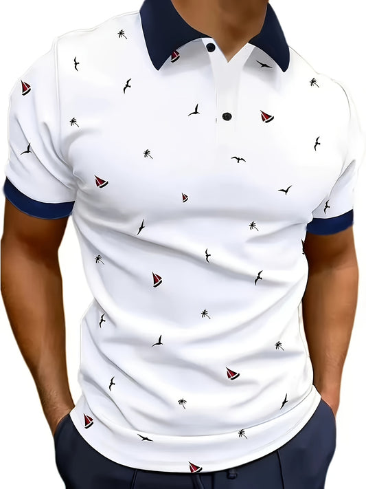 Men's premium 3D digital print golf polo shirt with lapel collar, knit fabric with stretch, all-over print design, regular fit - 100% polyester