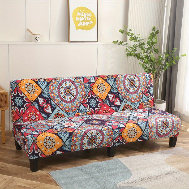 Printed armless futon slipcover to protect furniture in a bedroom, office, or living room.