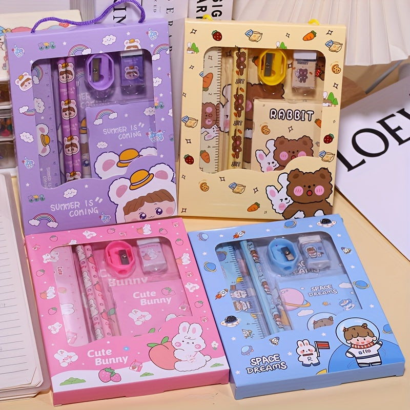 6-piece Cartoon Stationery Set with Wooden Pencil, Eraser, Ruler, Sharpener, and Tote Bag, Assorted Designs for Students and Gifts