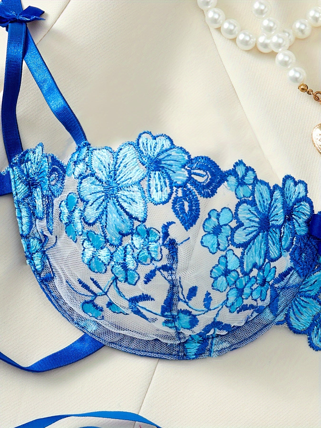 Romantic Blue Floral Embroidered Lingerie Set with Sheer Mesh and Bow Detail