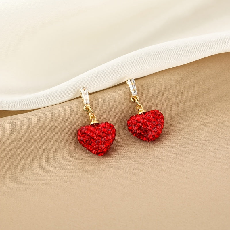 Chic Red Rhinestone Heart Earrings, Set of 2 Peach Heart Dangle Earrings featuring UV Coating, Copper Base, and 925 Silver Posts. Perfect for everyday wear and special occasions. Embrace the Korean trendy, retro, and elegant style.