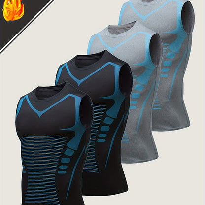 4 Summer Men's Sports Vests with Ion Shaping, Fitness Quick-Dry, Slim-Fit, Tight Training, Compression for Body Shaping.