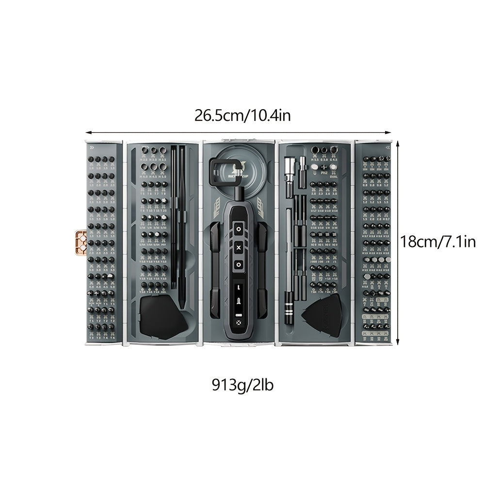 Compact electric screwdriver set with 3 torque settings, foldable design, 160 precision bits for various devices.