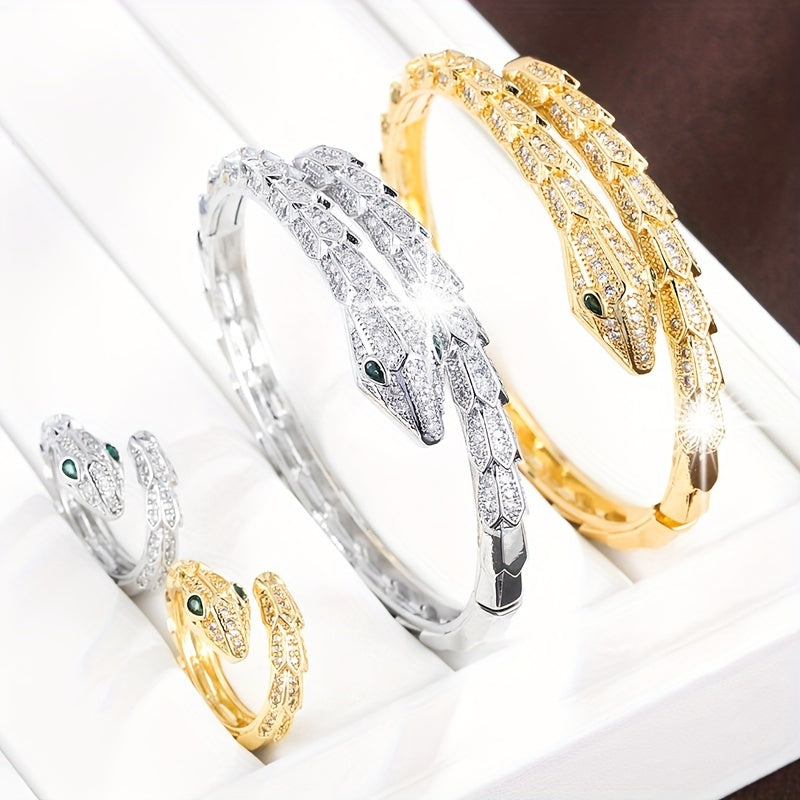 Chic Serpent-inspired Jewelry Set adorned with Zirconia for Women's Bracelet and Ring