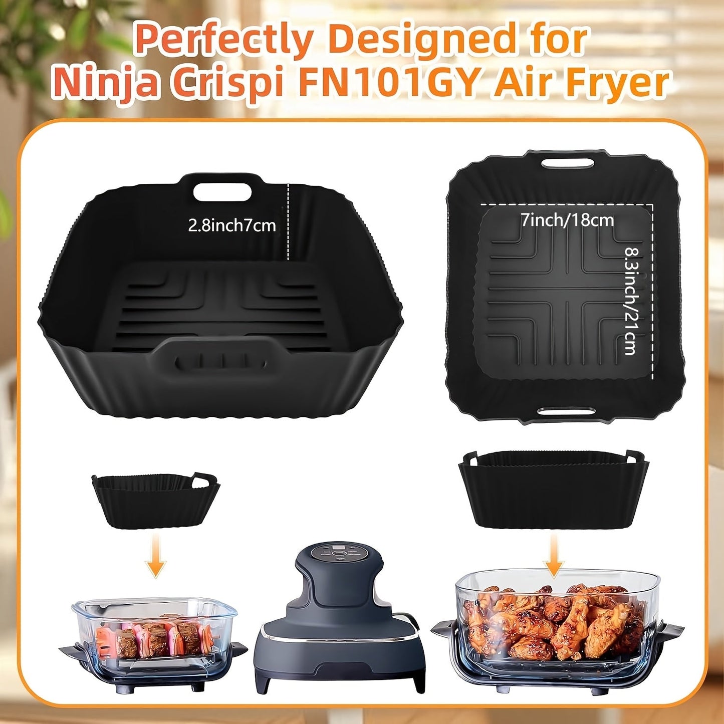 Get two silicone air fryer liners designed for the Ninja Crispi FN101GY. These non-stick liners are reusable and easy to clean, making them perfect air fryer accessories. The set includes a large liner for 4QT air fryers and a small liner for 6 cup