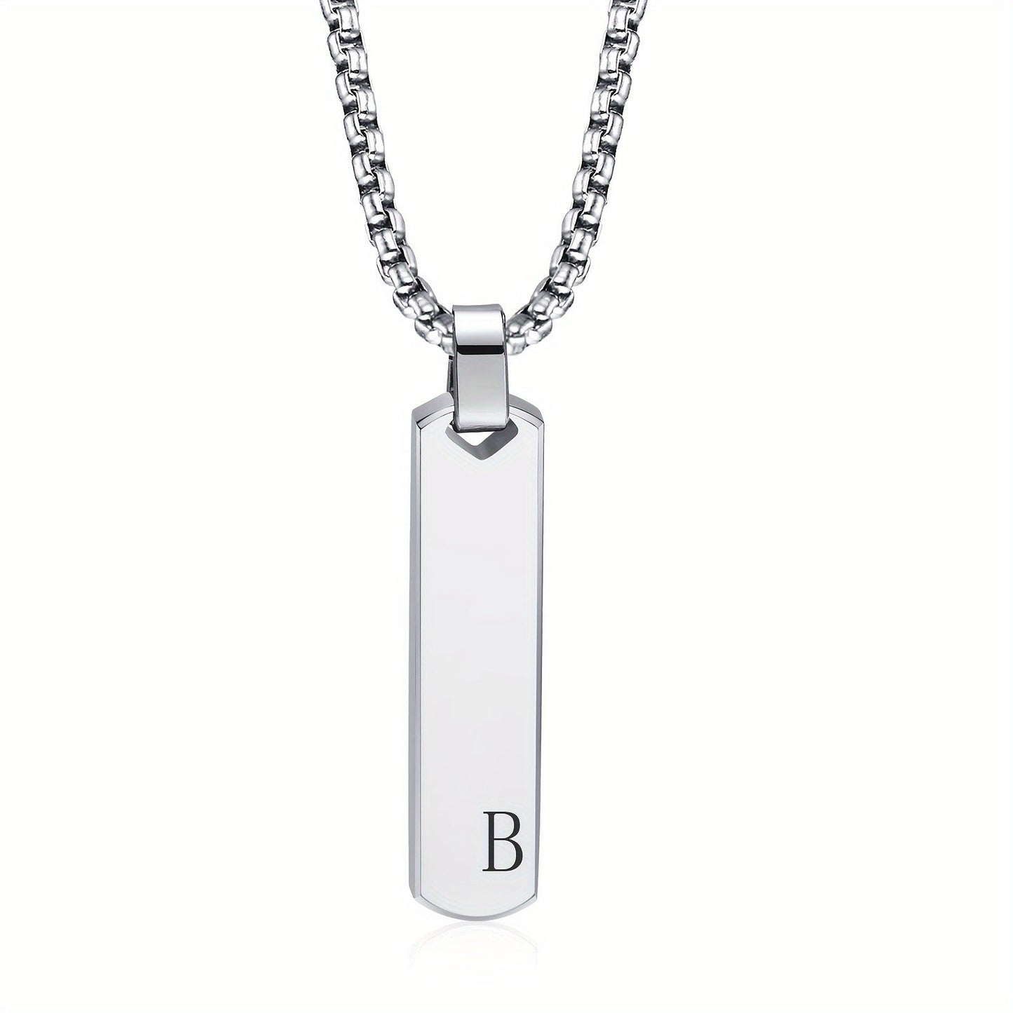 Letter necklace pendant made of stainless steel with laser engraving featuring all 26 letters, the pendant has a high polished three-dimensional rectangular design, and is a trendy fashion accessory for men crafted from titanium steel.