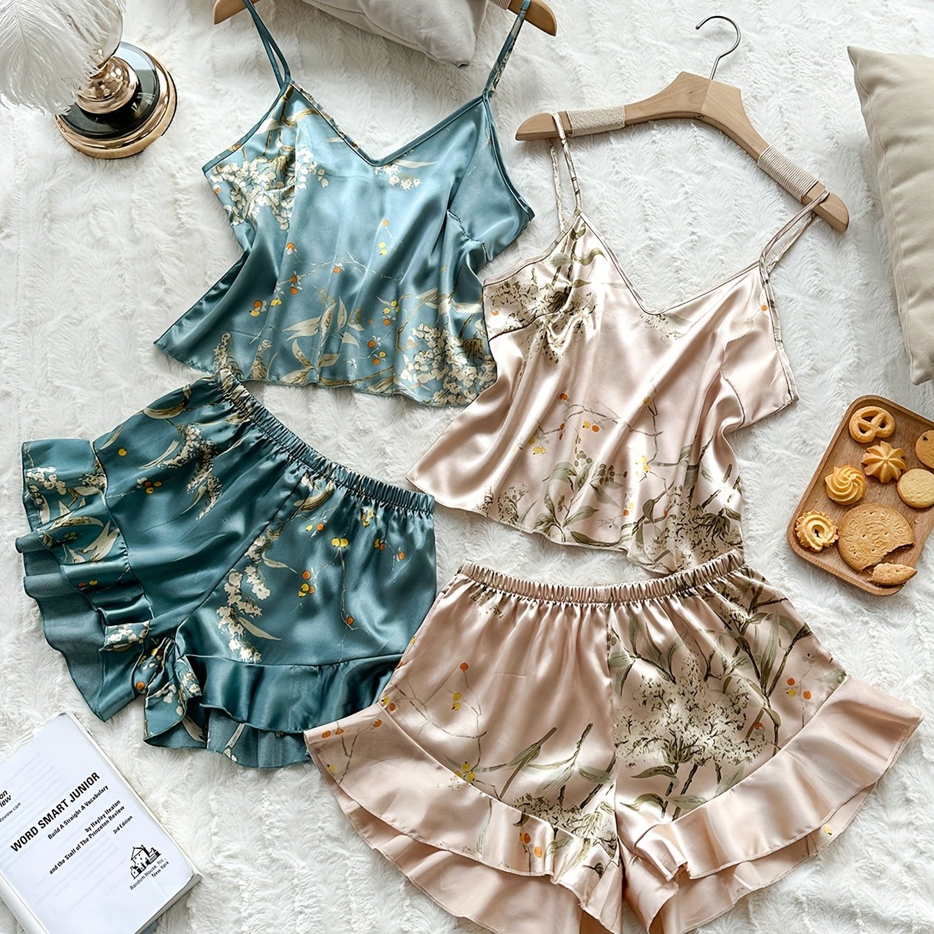 Floral Print Satin Pajama Set with V Neck Crop Cami Top & Ruffle Hem Shorts