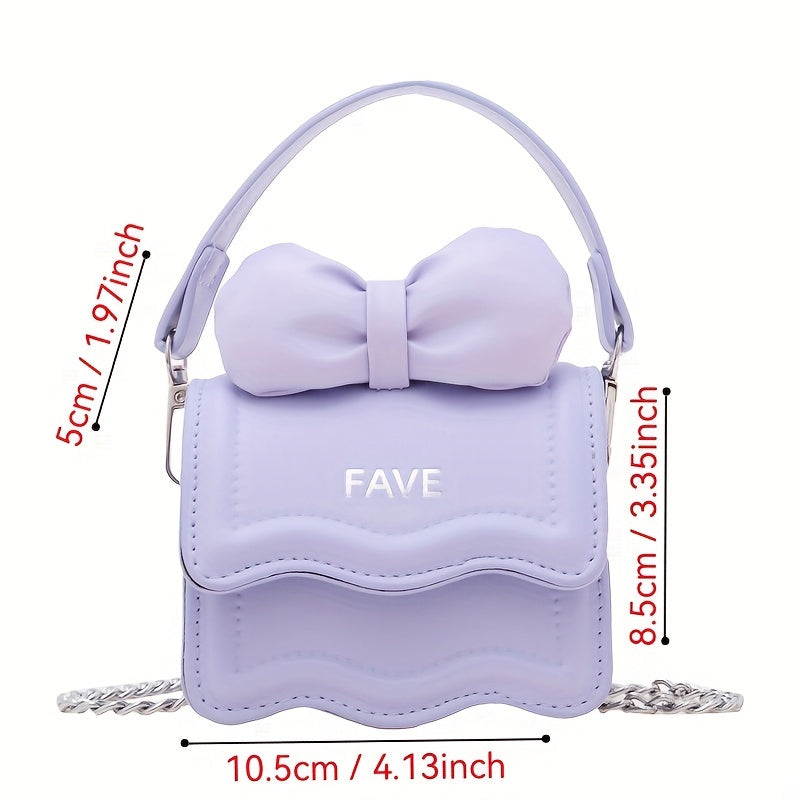 Stylish youngsters' crossbody bag in pink with bow accent and "FAVE" embossed flap. Lightweight, adjustable strap, casual sporty design, easy to clean. Perfect for daily commute.