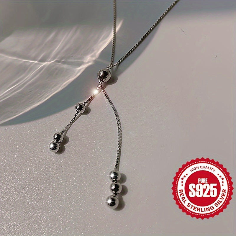 Adjustable telescopic necklace made of 925 silver featuring a retro Y-shaped design with beads. This hypoallergenic neck jewelry is lightweight at 3.05g, making it a perfect holiday gift for women who appreciate simple and stylish accessories.