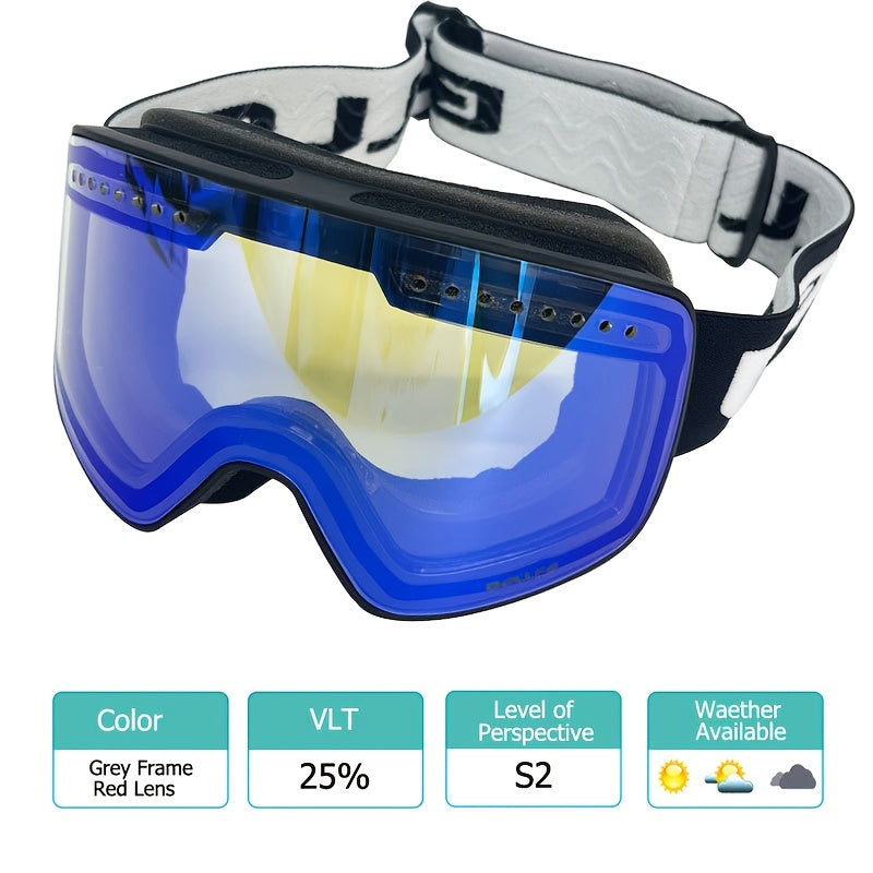 BOLLFO Anti-Fog Ski Goggles for Adults with Magnetic Double Layer Lens, Durable Frame, and Multiple Color Options.