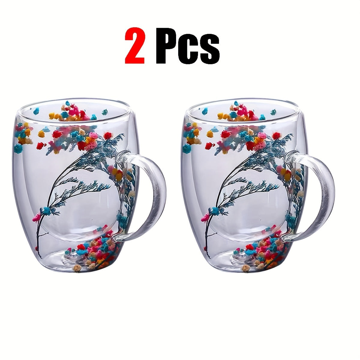 11.830z Double-walled Glass Coffee Cup with Dried Flowers, Insulation, Reusable for Espresso, Iced Coffee, Juice - Hand Wash Only - 2-4-6pcs