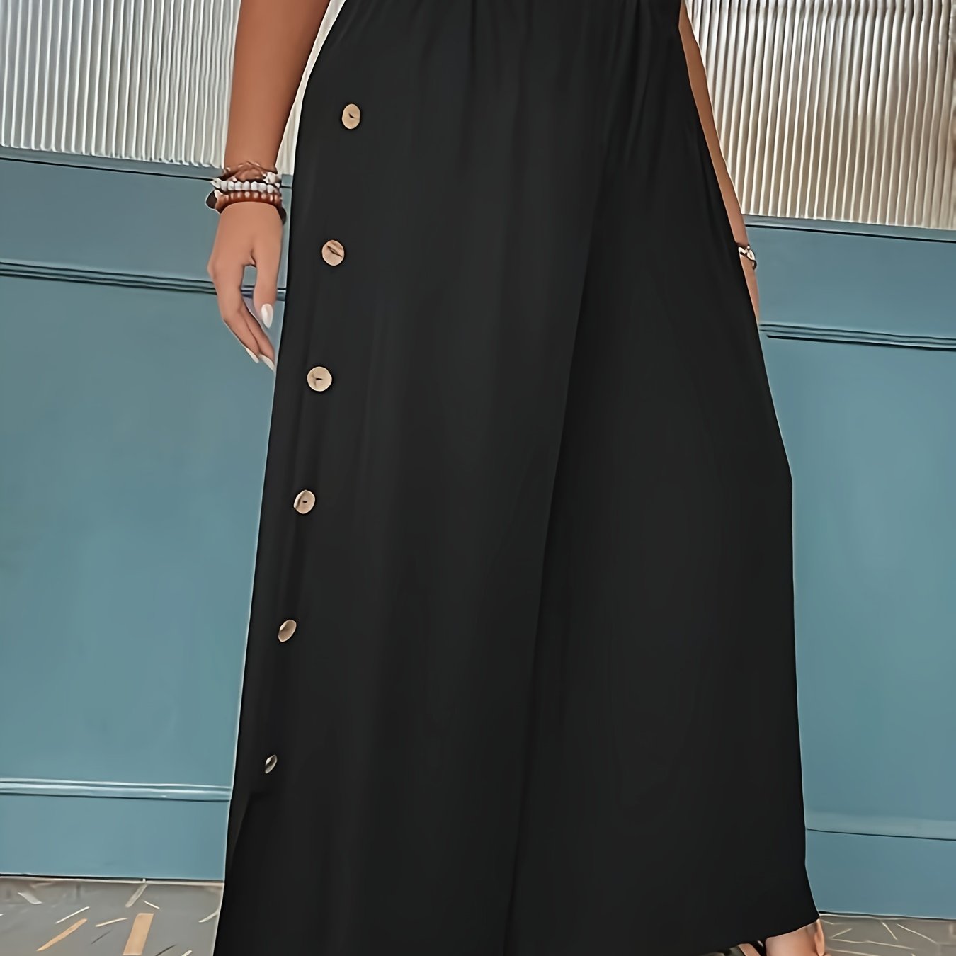 Polyester and Spandex Wide Leg Pants with Zipper Fly, Elegant Style, Machine Washable