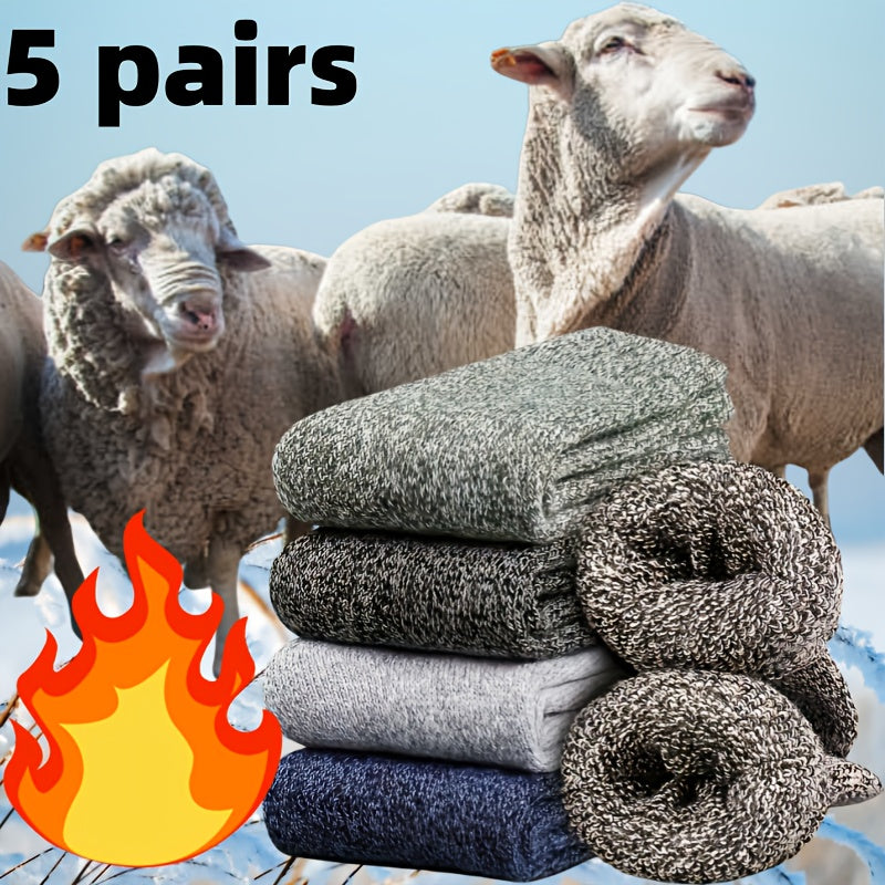 5 pairs of men's thick wool blend mid-calf winter socks in solid colors, soft and warm for casual or cold weather. Gift-ready packaging, quality fabric.