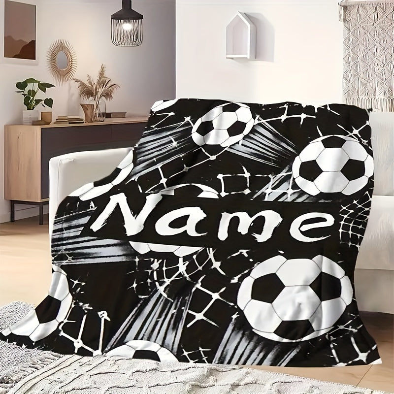 Personalized Soccer Ball Design Flannel Fleece Throw Blanket, Customizable Soft and Cozy Digital Print, Easy to Clean in Washing Machine, Modern Style, Versatile for all Seasons - Perfect for Couch, Bed, Travel, Camping, Home, or Office - 1 Piece