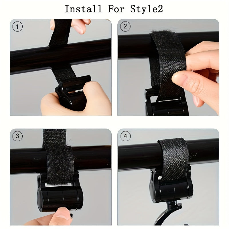 Two stroller hooks with multifunctional design and 360-degree rotating feature, preventing slipping. These hooks are suitable for use with strollers, baby carriers, bikes, bicycles, and car headrests.