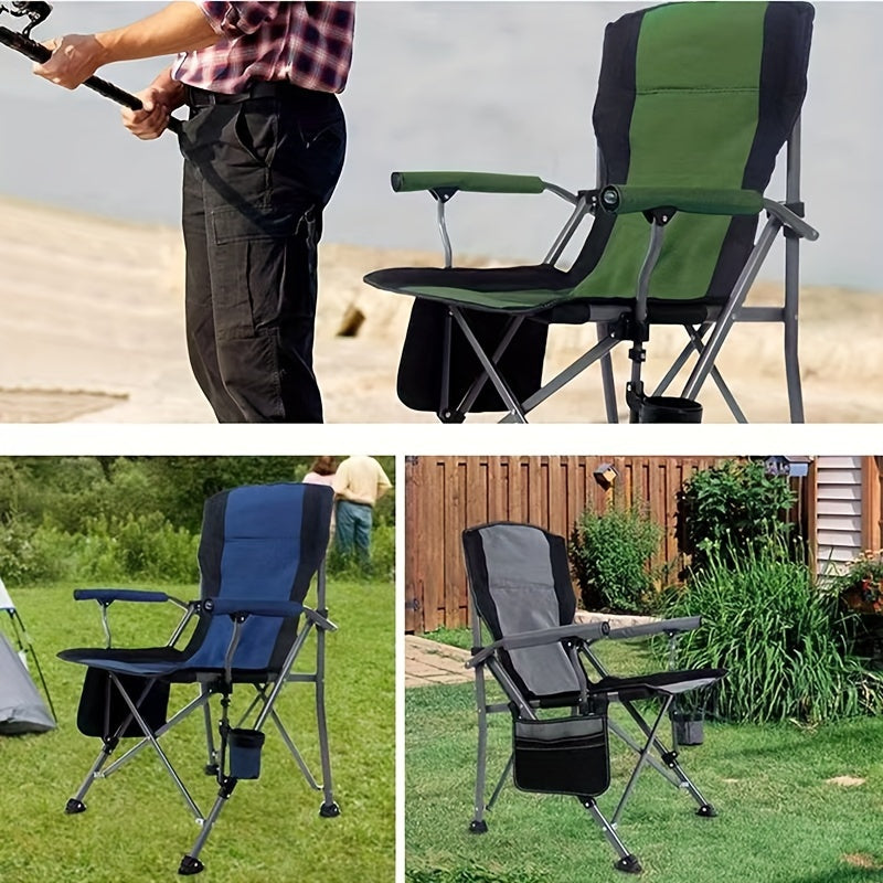 Large, portable outdoor chair made of 600D Oxford cloth with storage bag and cup holder. Ideal for camping, picnics, fishing, and outdoor events.